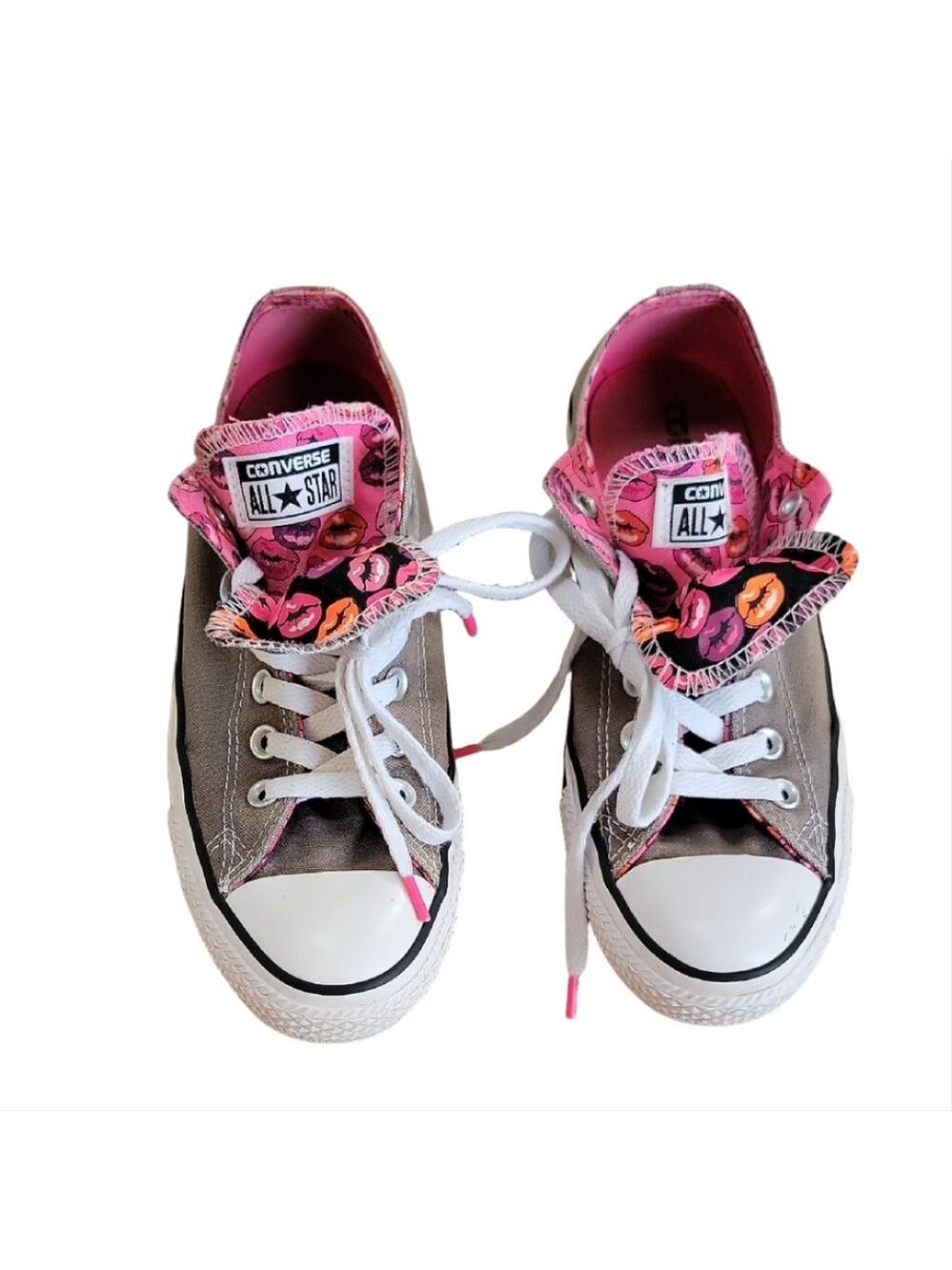 Converse All Star Double Tongue Novelty Print Lips Gray Pink Canvas Low Sneakers